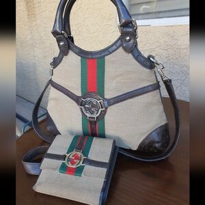 Gucci Reins Web Sherry Line Satchel Canvas & Leather 2-Way Hobo & Bifold Wallet